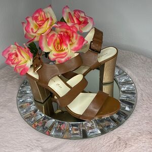 Anne Klein iflex Brown Leather Sandal W/ Metallic Bronze Chunky Heel 9.5